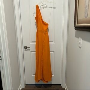 Orange one shoulder midi dress with slit by SHEIN.